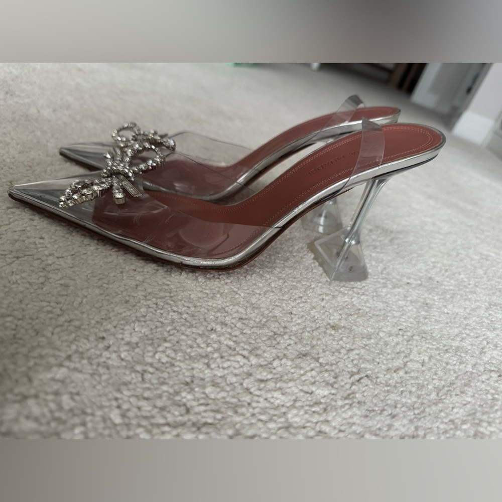Amina Muaddi Silver Heels with Crystal Bow - Picture 4 of 4